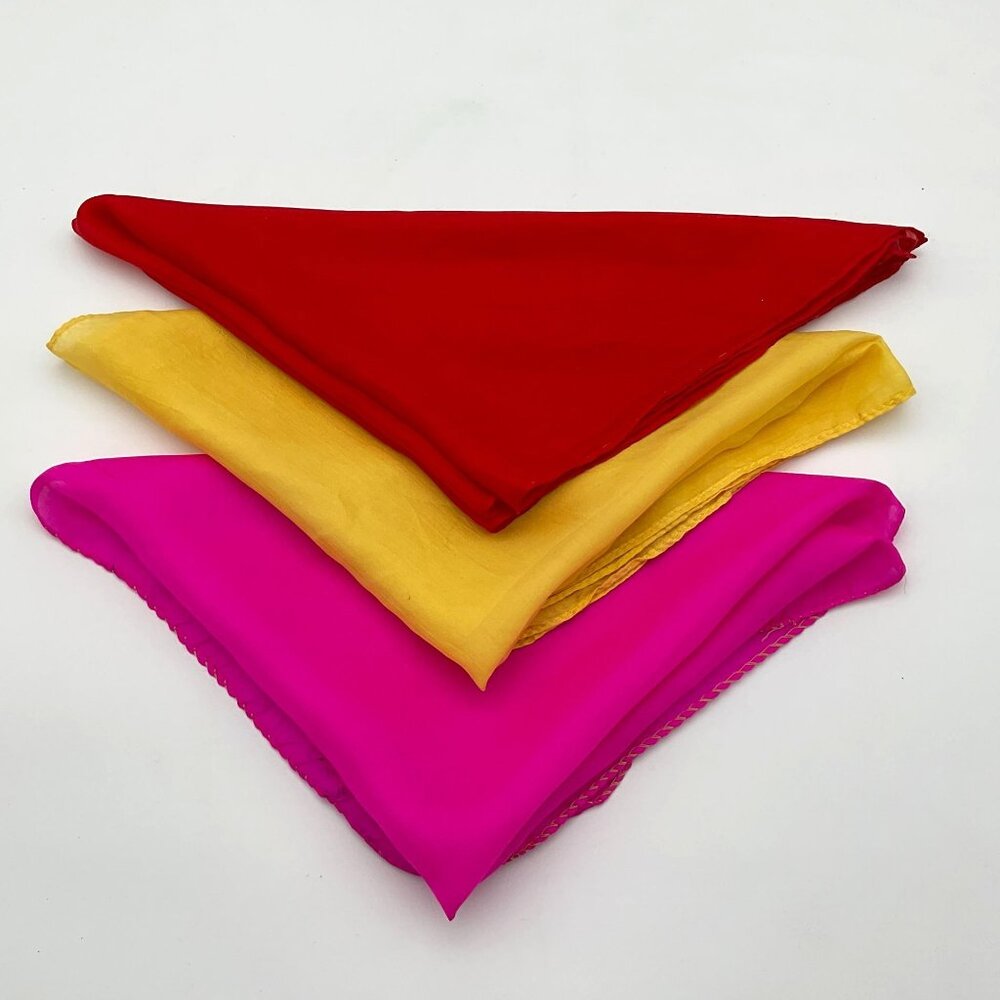 Collection of Three Hand Rolled Vintage Handkerchiefs or Scarves Red Pink Yellow
